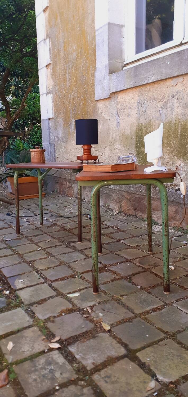 Pair of 1960s tables in tubular metal and solid teak