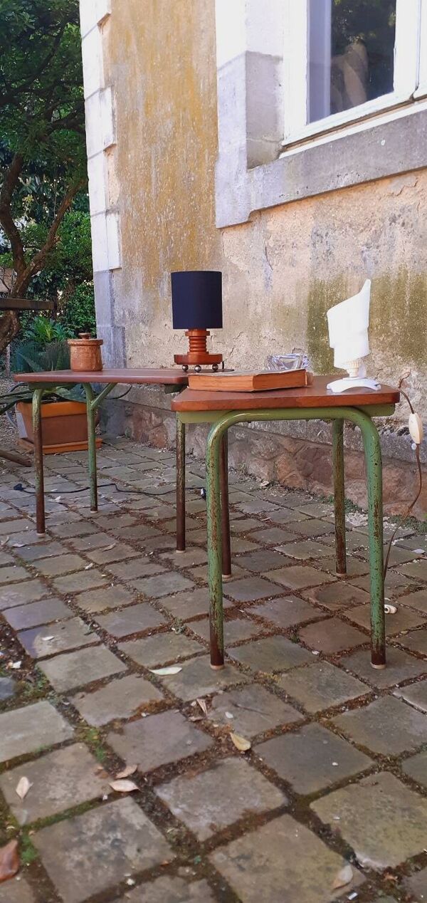 Paire de table année 60 en métal tubulaire et  teck massif