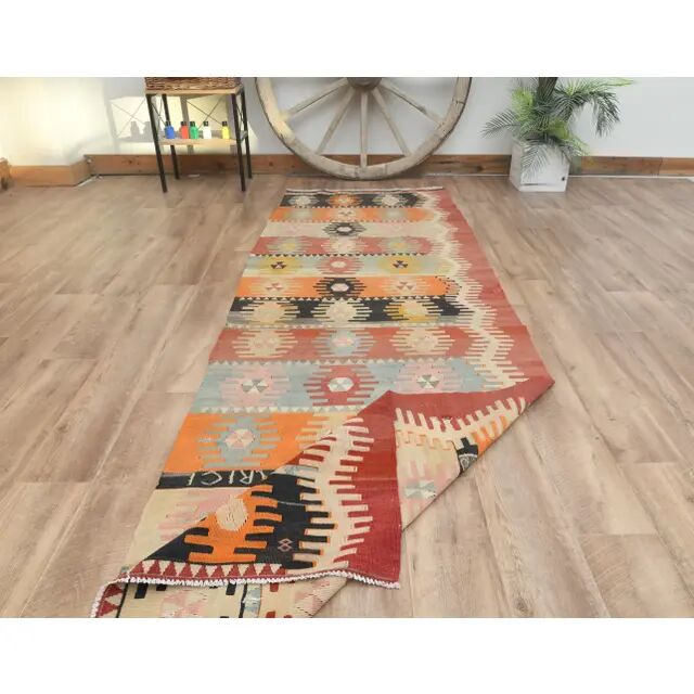 1970s Vintage Turkish Handmade Wool Cotton Orange Kilim Rug 97x295