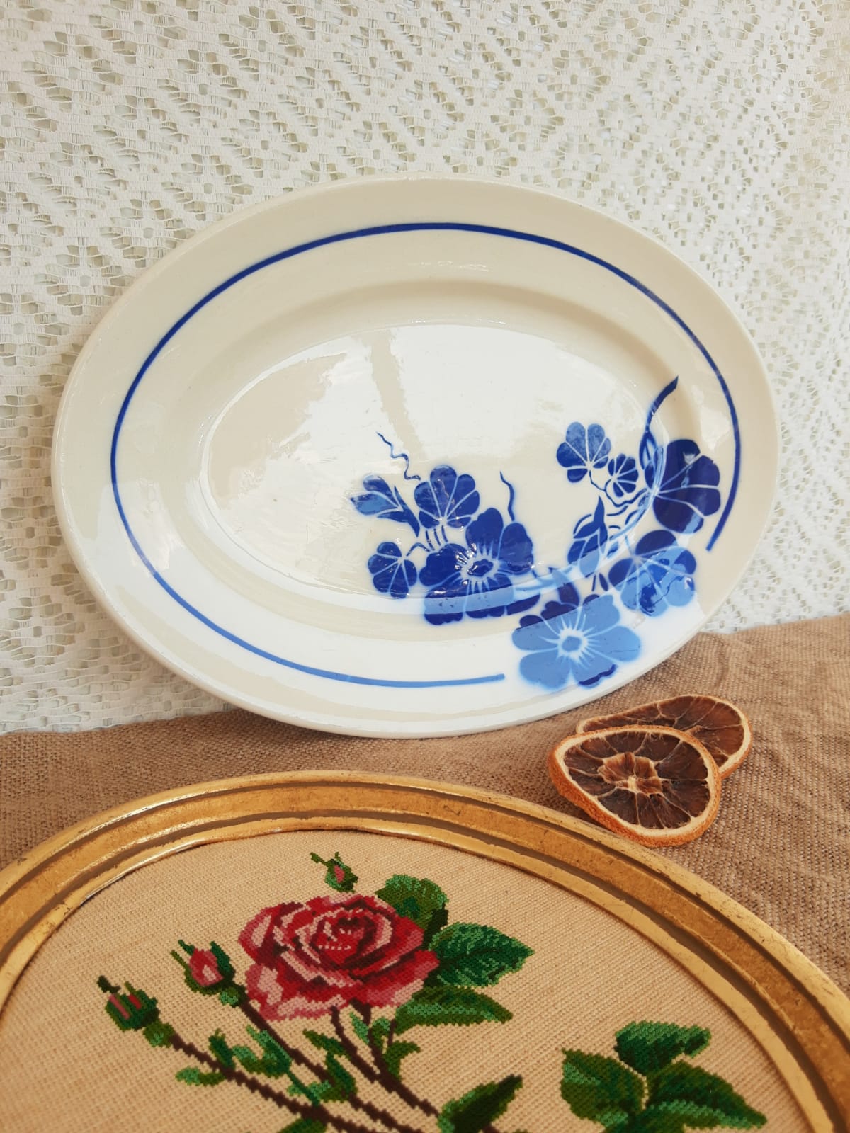 Old oval serving dish Badonviller France capucines model
