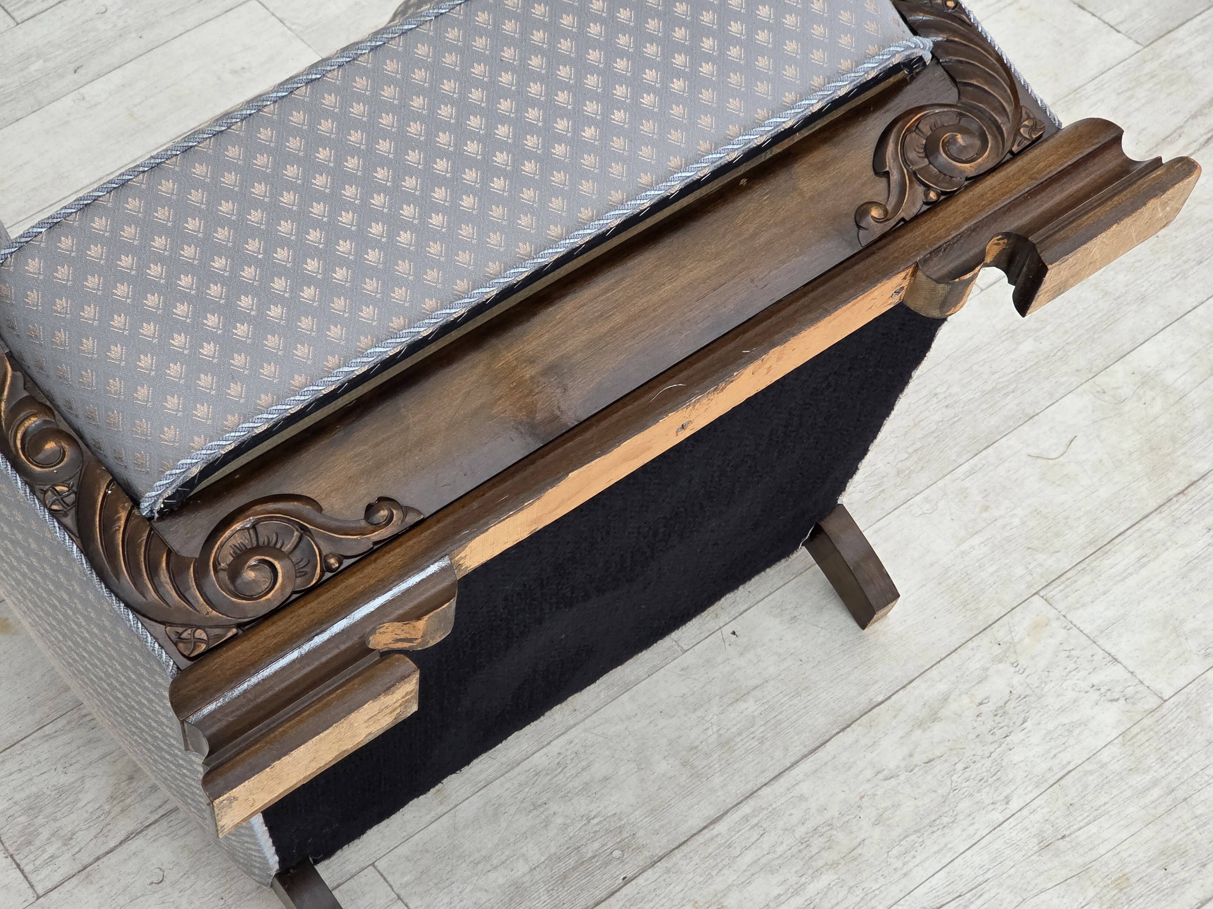 1950s, Danish armchair, furniture fabric, carved oak wood.