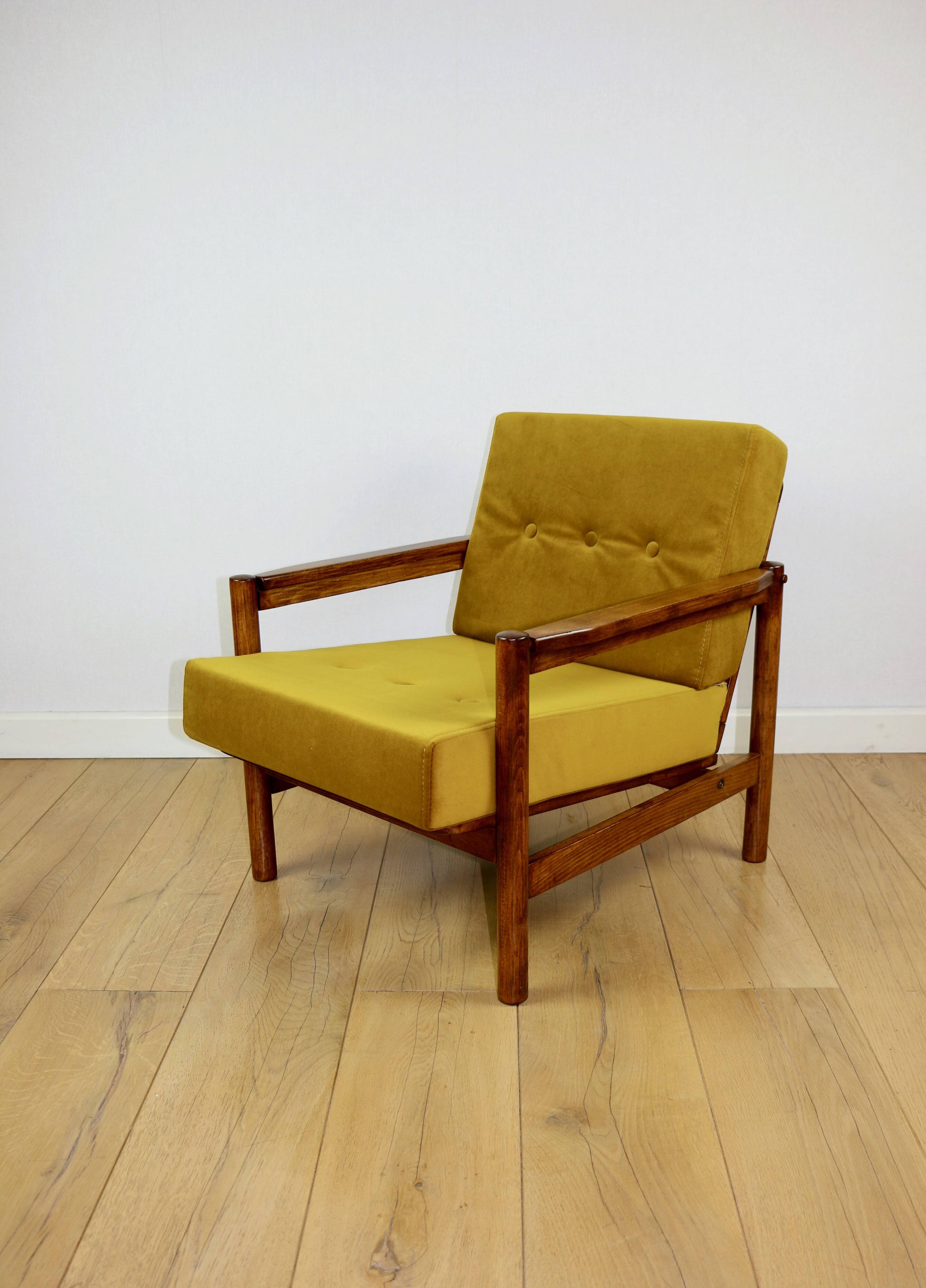 Wooden armchair designed by Z. Baczyk brown vintage yellow-olive