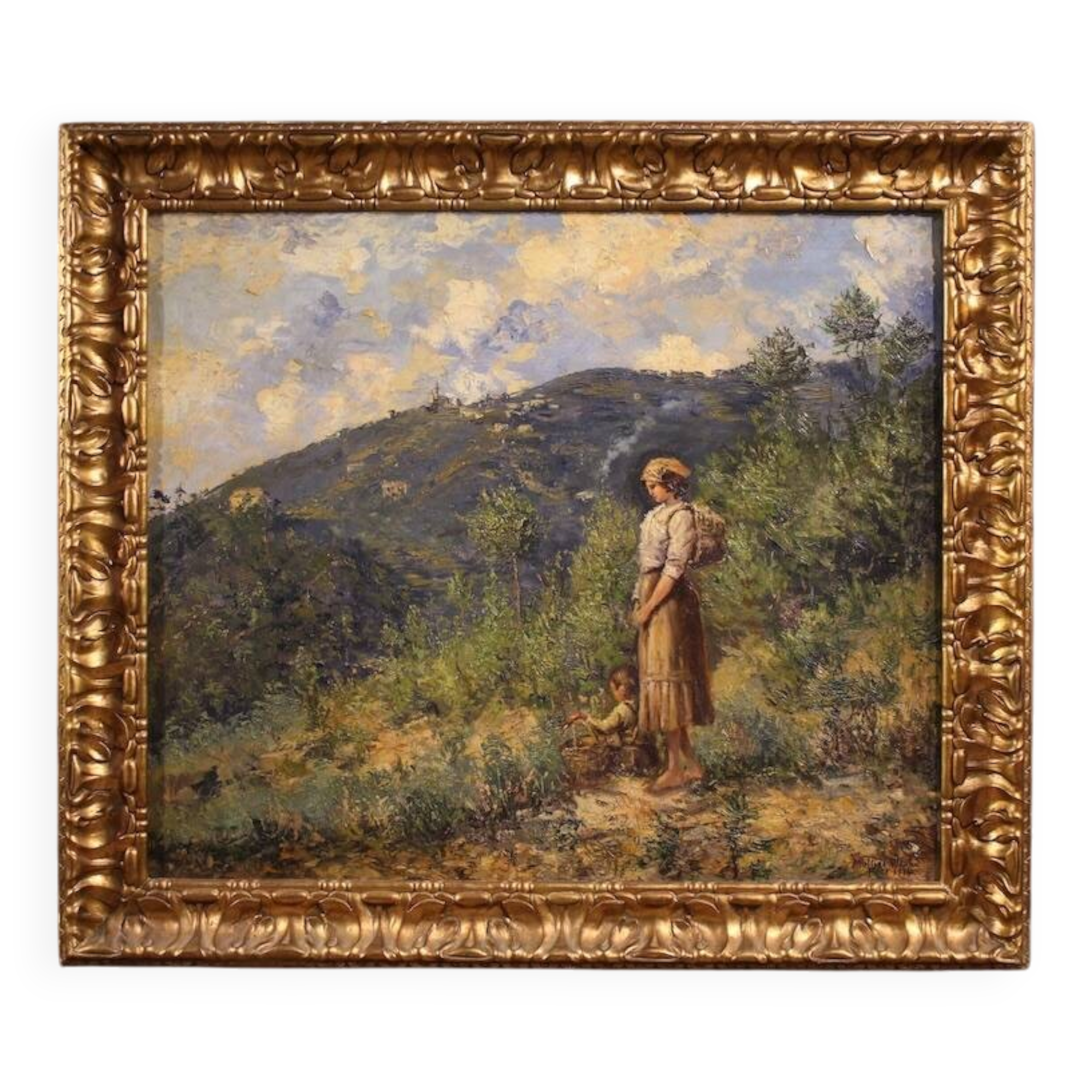 Italian landscape with figure painting signed and dated 1914