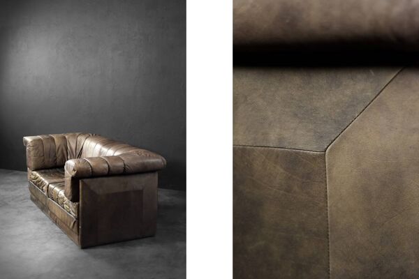 Vintage Mid-Century Modern German Brutalist 2-Seater Brown Leather Bed Sofa
