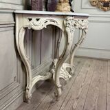 Console de style Louis XV patine beige, marbre de Carrare vers 1880