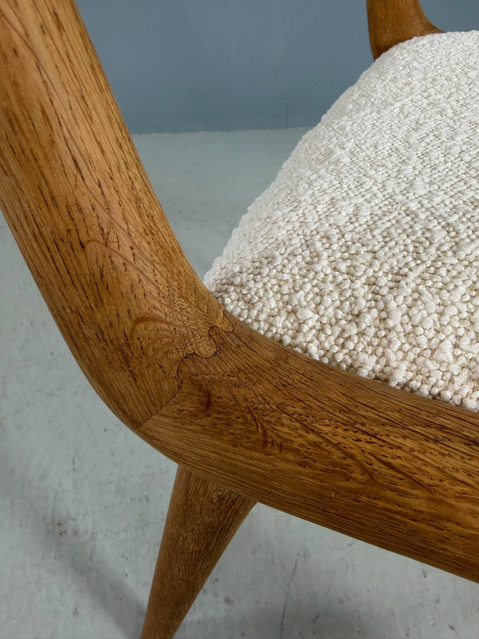 Alfred Christensen Danish oak "Boomerang" chairs set of 6 boucle fabric