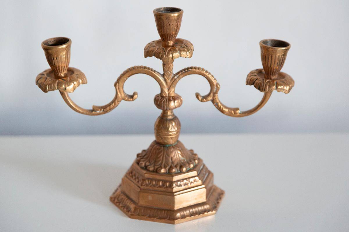 Decorative golden metal candle holders from the mid-20th century, Menora, France, 1960s.