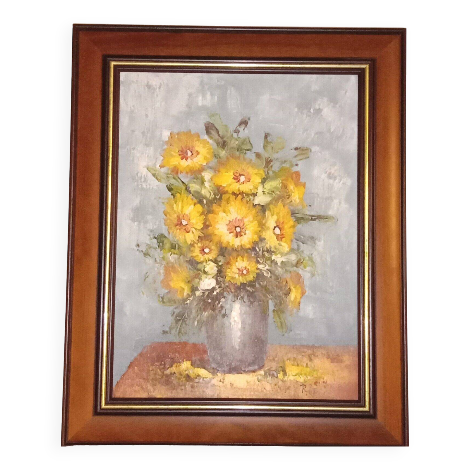 Still Life Bouquet of Yellow Flowers Oil on Canvas Signed