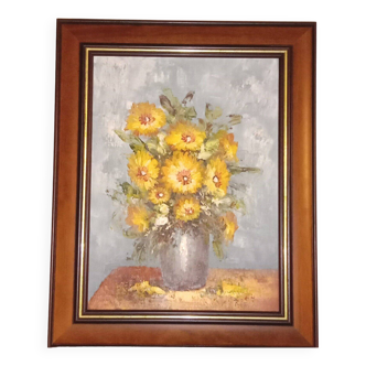 Still Life Bouquet of Yellow Flowers Oil on Canvas Signed