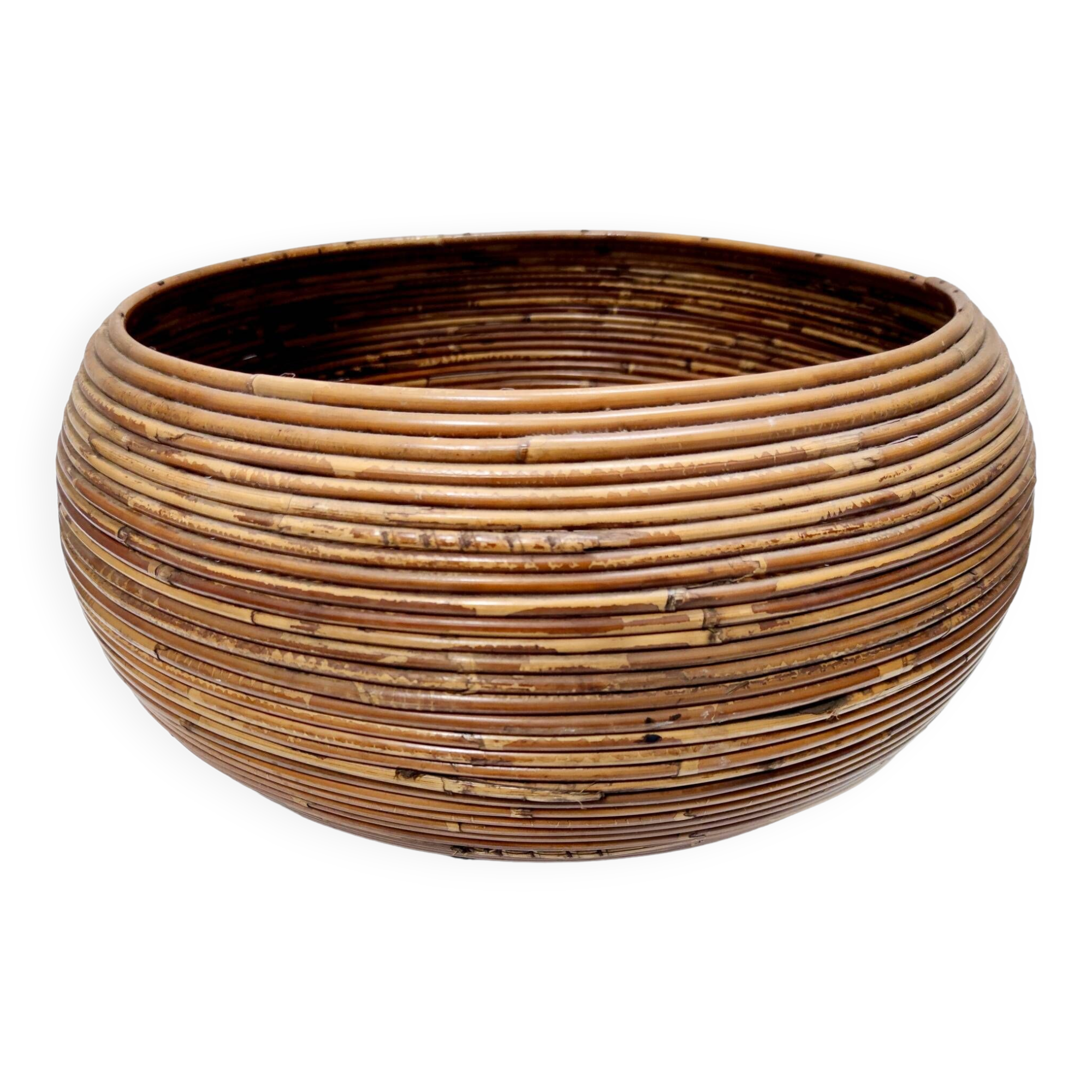 Postmodern Round Wicker and Beech Cachepot / Magazine Rack with Casters, Italy