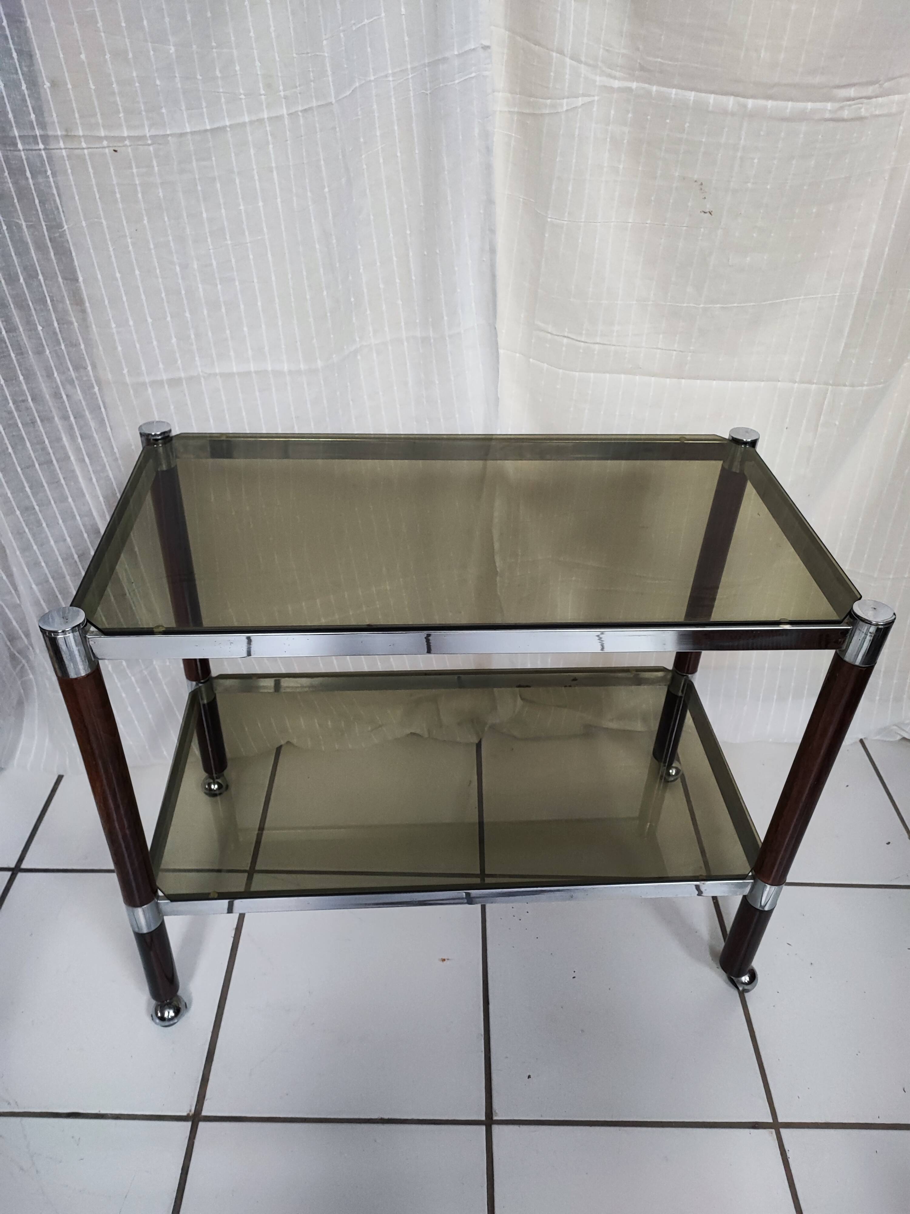 Smoked glass service two trays base wood and chrome metal