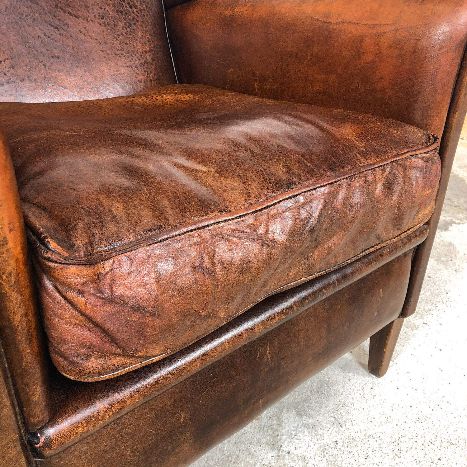 Dark brown sheep leather wingback armchair
