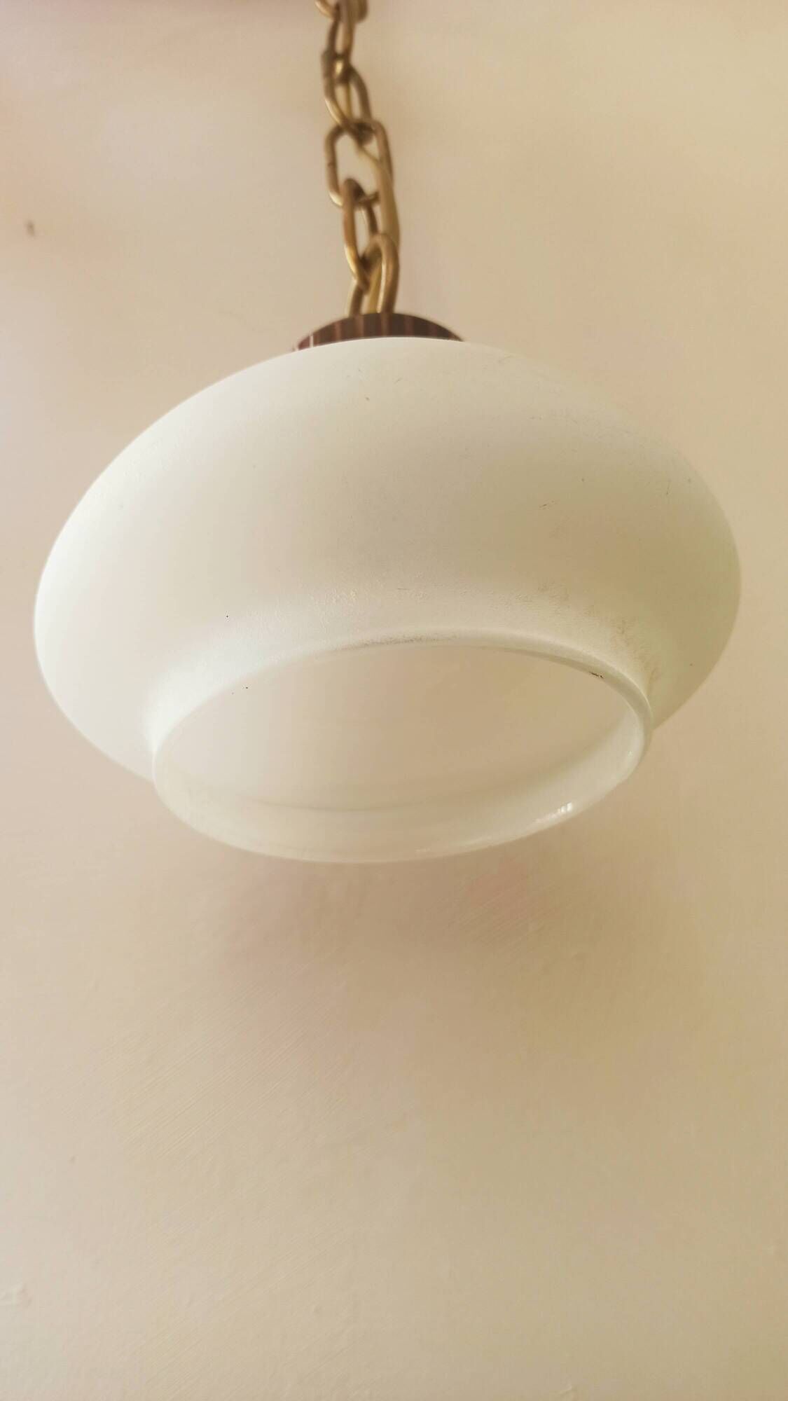 Chandelier, brass suspension and white opal.