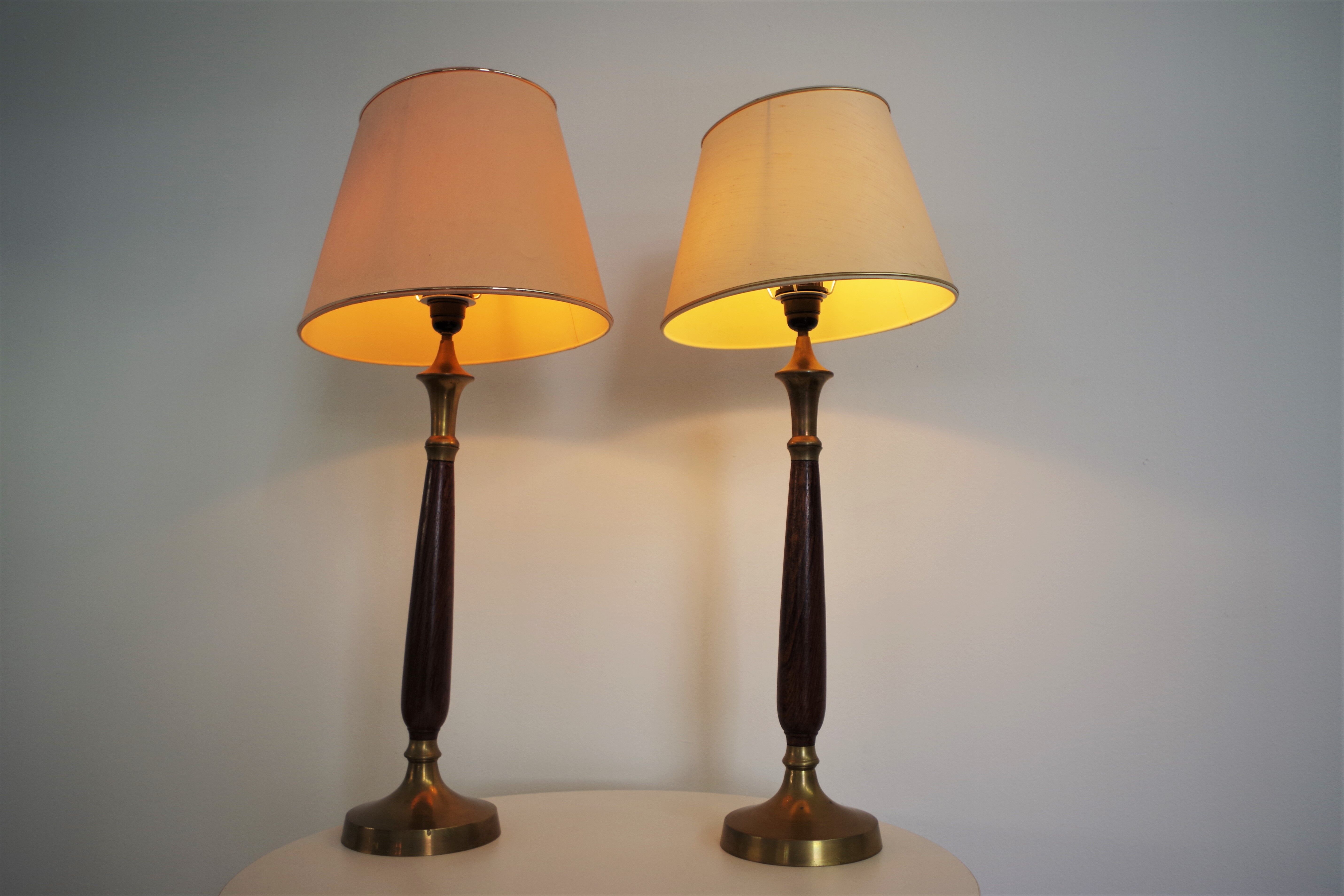 Mahogany Hat Lamps, Brass and Cotton of Abat Day, 1950s, Set of 2