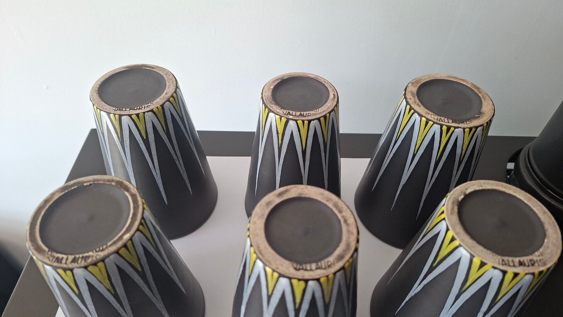 Six Orange and Black Ceramic Vases Vallauris André Baud