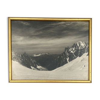 Old photo in black and white artistic mountain in golden frame