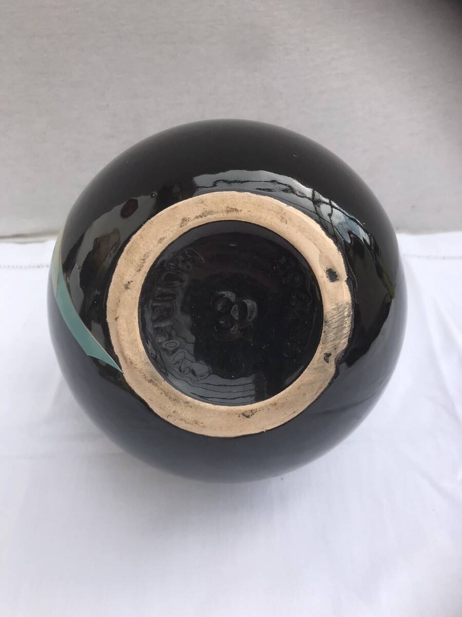 Black Ceramic Round Vase with Flower and Paradise Bird Design, 1970s Vintage