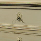 Ancienne commode style Louis XVI en bois patiné blanc shabby 5 tiroirs