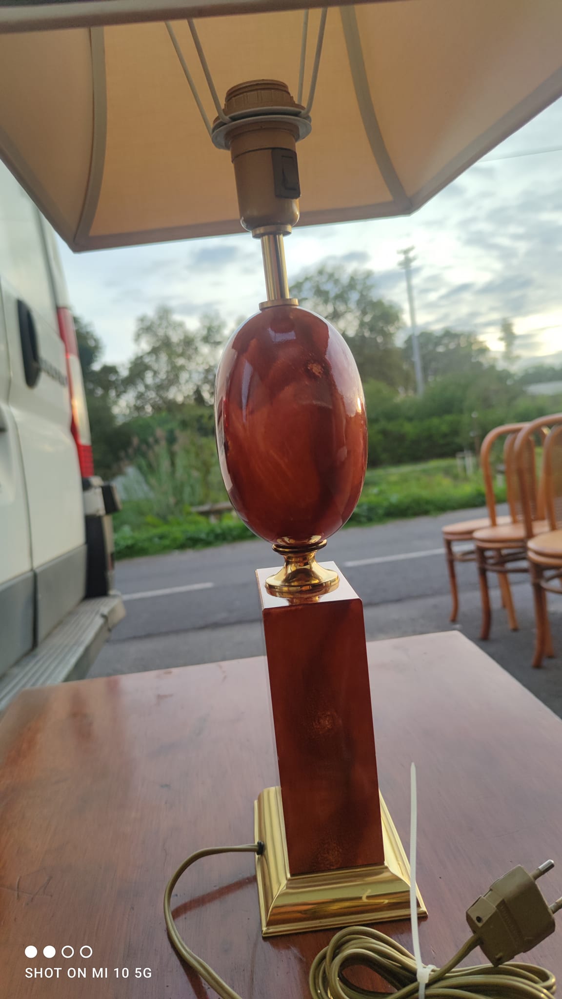 Lamp circa 1970 in iron and lacquered wood as well as bronze