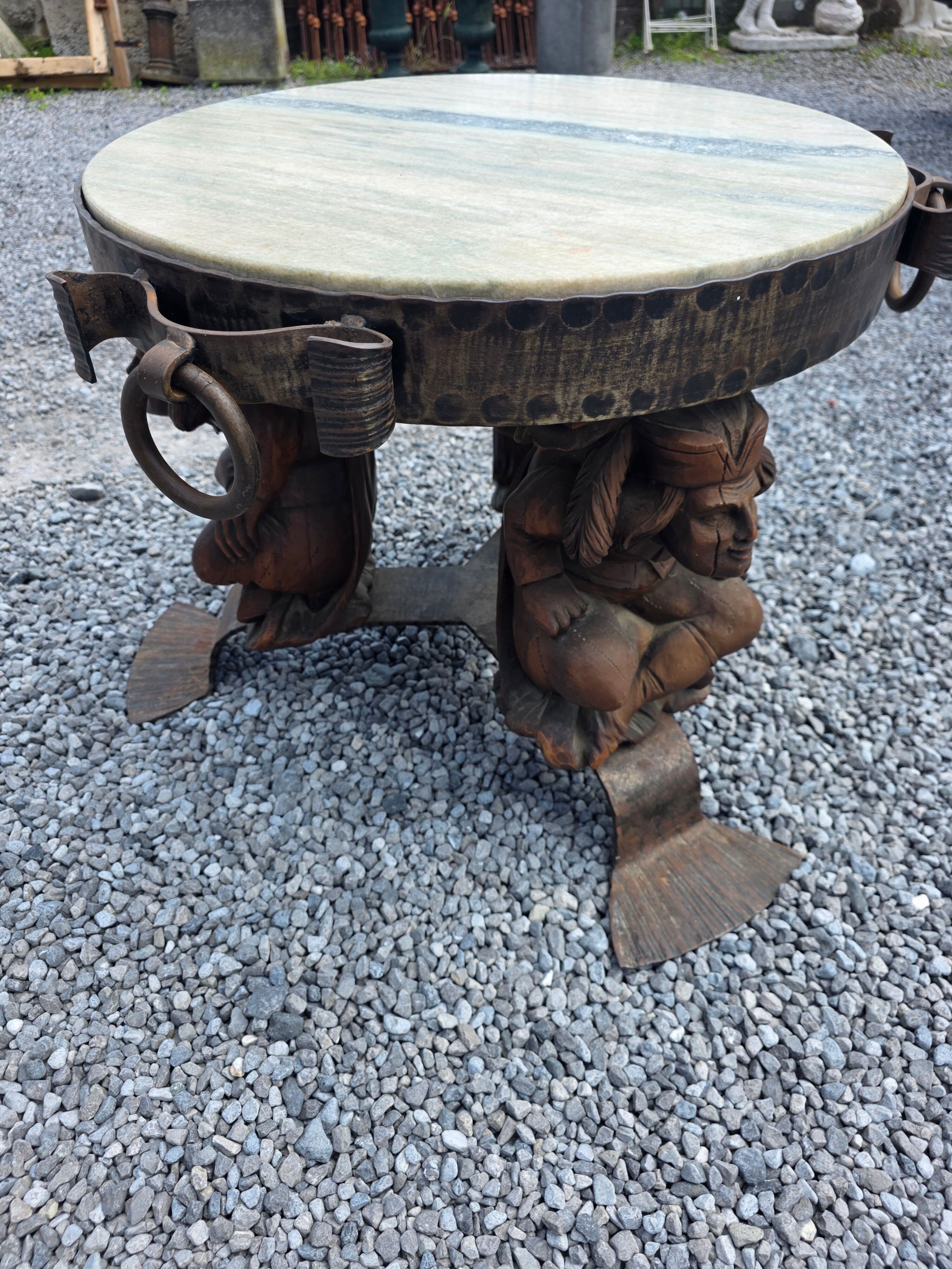Wrought iron and marble coffee table, Jean Maurice Rothschild, circa 1950.