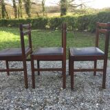 Vintage scandinavian teak chairs, black skaï seats as it is