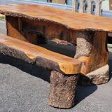 20th Century Folk Art: Brutalist Solid Wood Table with 2 Benches