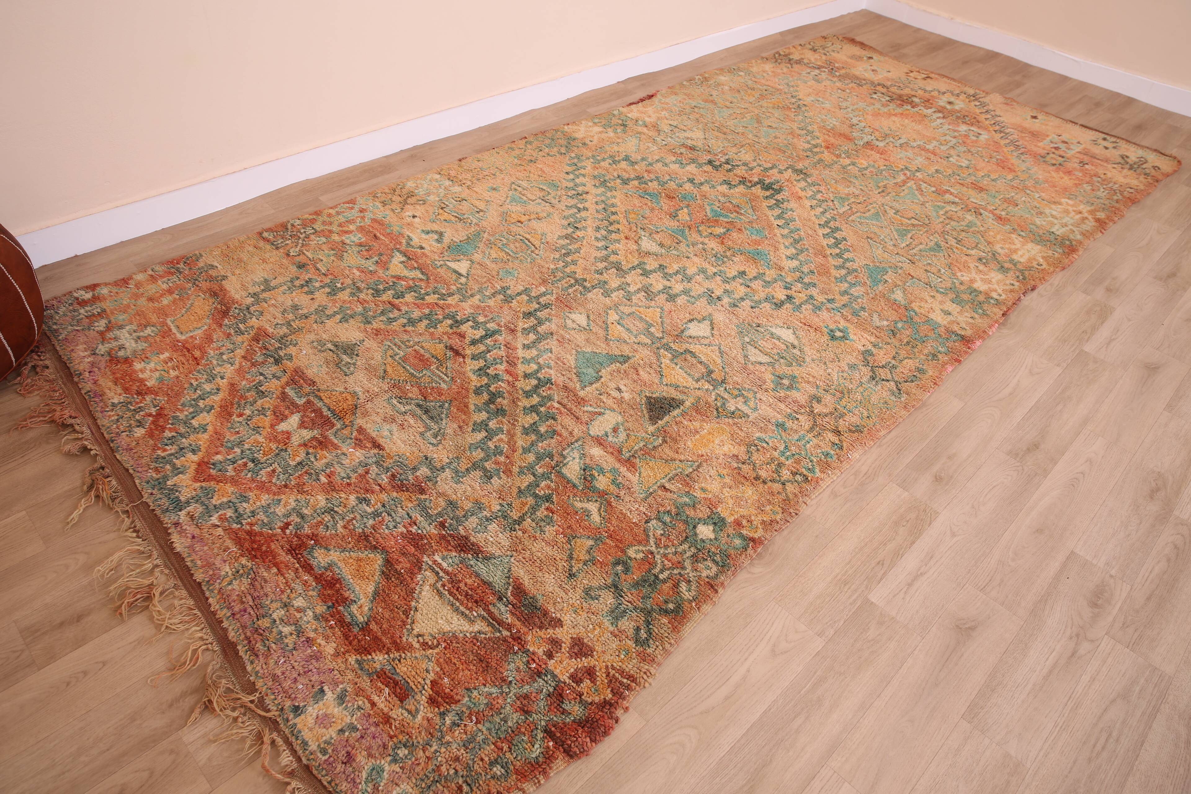 Peach Vintage Moroccan Rug 173 x 383 cm, Berber Wool Rug, Handmade Boho Rug