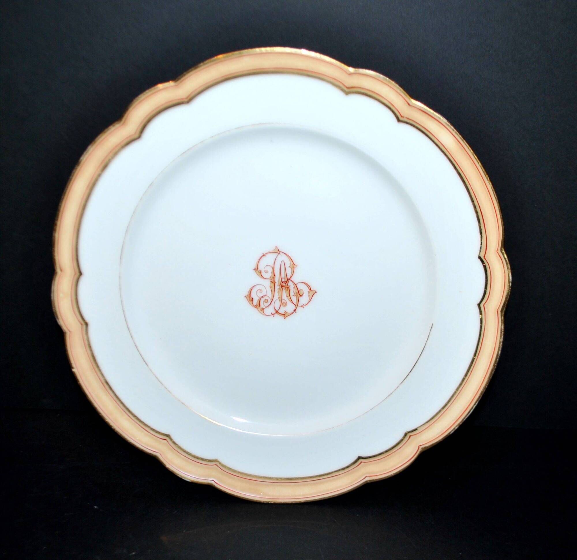 Paris porcelain set of 12 plates, dish and sauce boat, antique tableware with monogram BA.