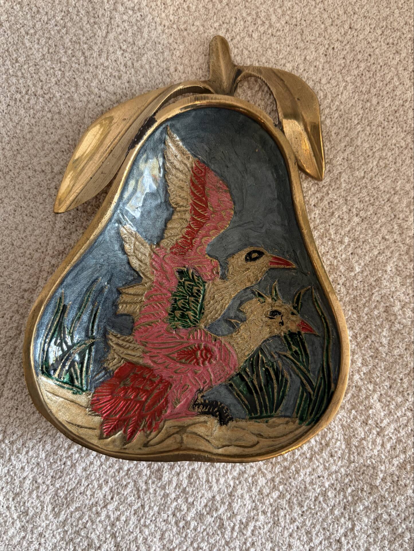 Vintage gold brass and cloisonné enamel pear trinket dish - 60s/70s