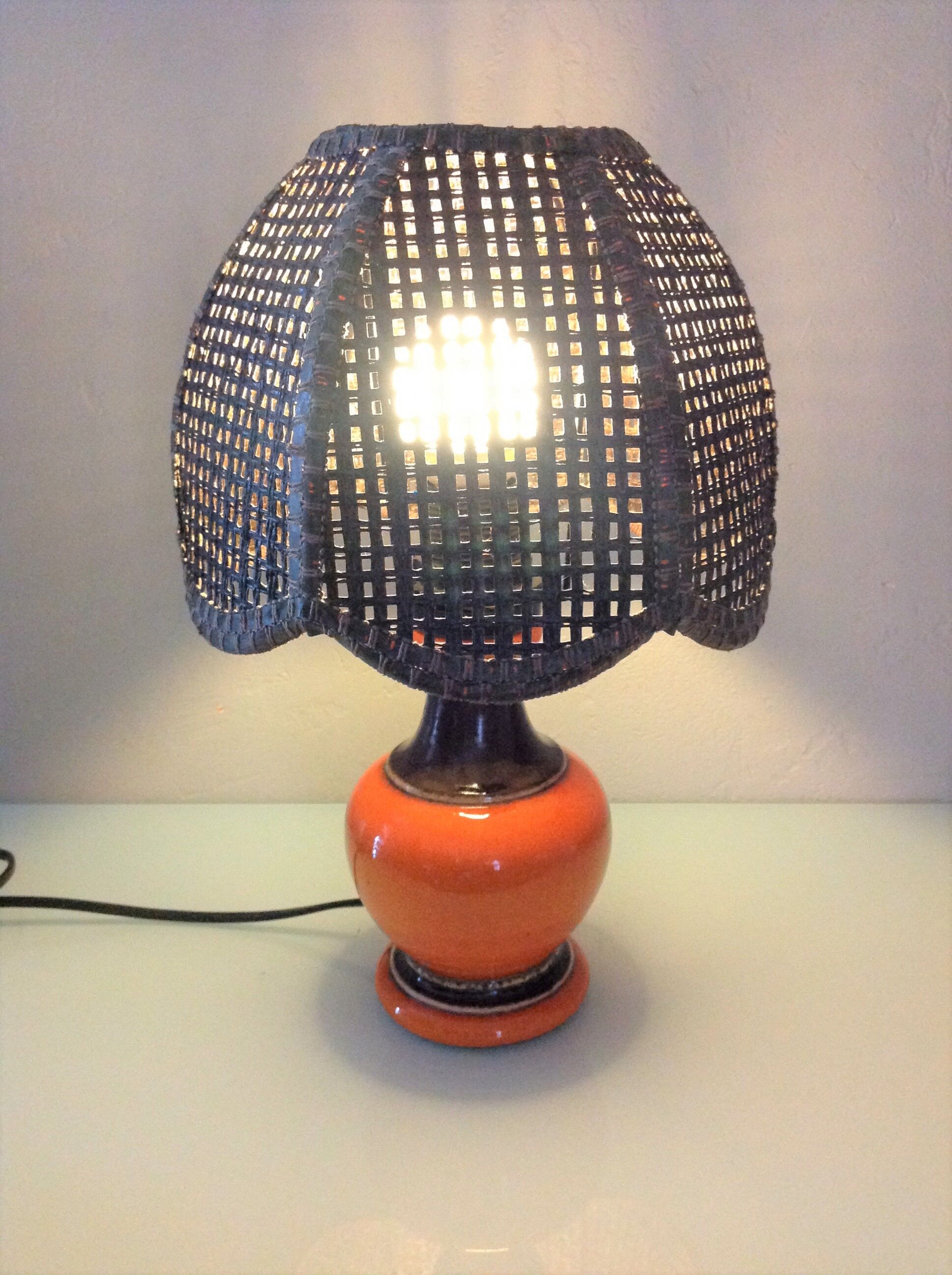 Orange ceramic lamp and brown canned lampshade by Pan Keramik / 60s-70s