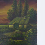 Oil on canvas village by Jan Van Dooren, sunset. Signed. Seventies