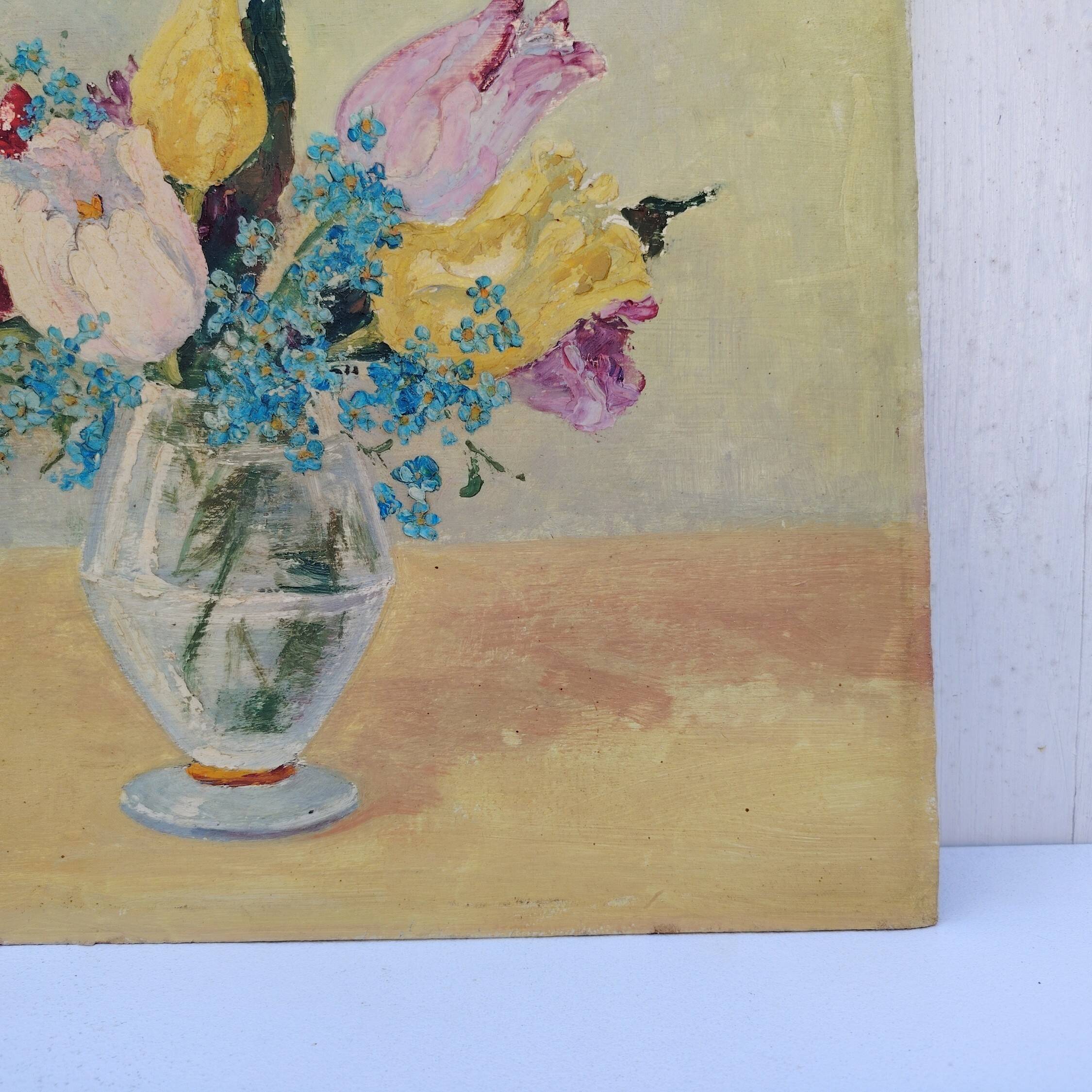 Oil on cardboard Tulips and Forget-me-nots Latallerie-beurier