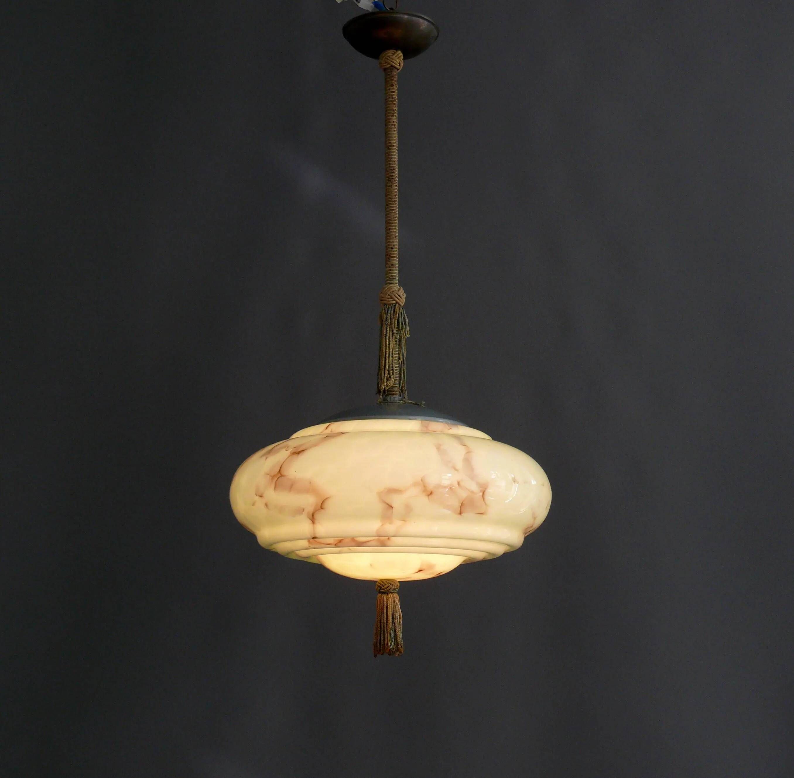 Art Deco Pendant Light with Twisted Stem, Marbled Effect, Metal and Brass - 1930s