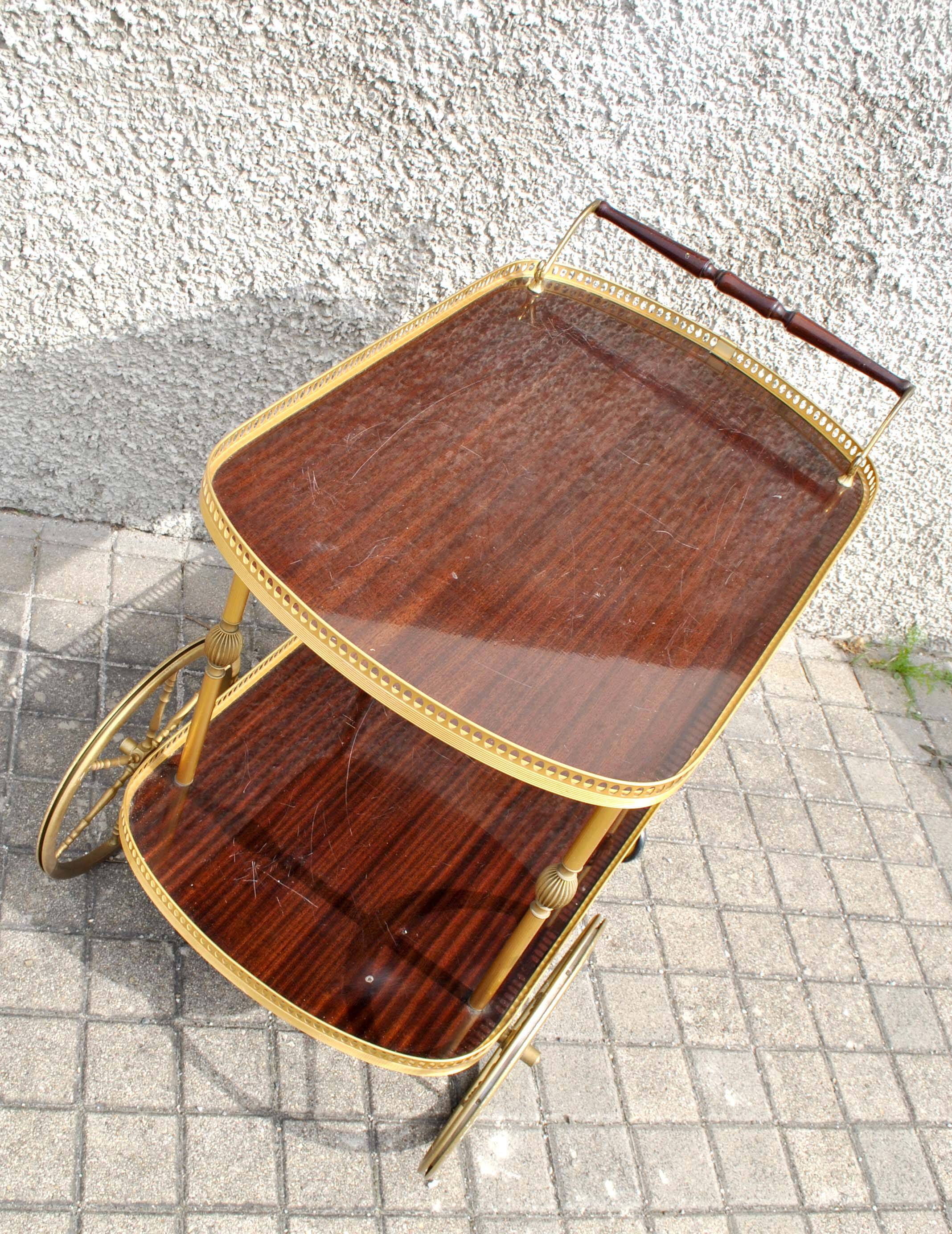 Vintage bar trolley in matte gold metal and melamine 1960