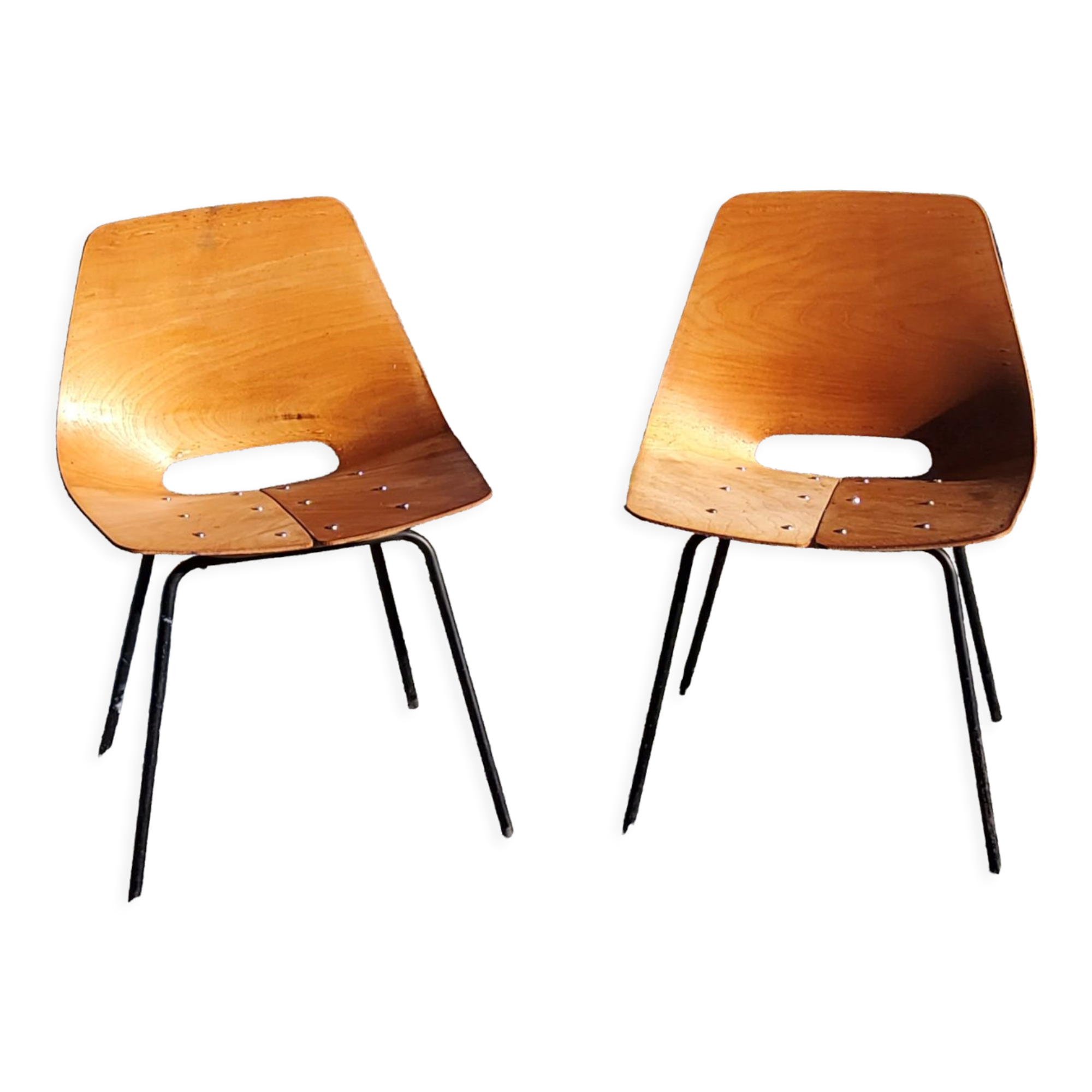 Pair of tonneau chairs by Pierre Guariche plywood base tubes 1954