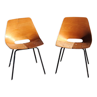 Pair of tonneau chairs by Pierre Guariche plywood base tubes 1954
