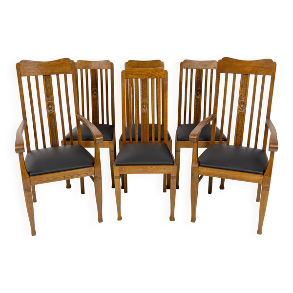 Ensemble de 6 chaises et fauteuils Art Nouveau en chêne et cuir