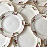 "Cherries" dessert service by Gien vintage, pie dish + 10 dessert plates, Faien ceramic
