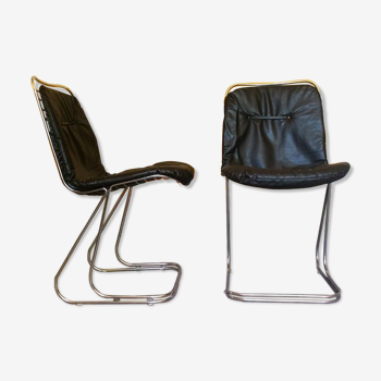 2 of 4 Italian Mid-Century Modern Dining Chairs, Chrome and Black Leather, Vintage Chairs, 1970's