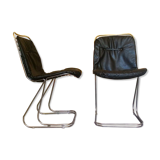 2 of 4 Italian Mid-Century Modern Dining Chairs, Chrome and Black Leather, Vintage Chairs, 1970's