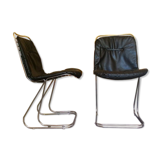 2 of 4 Italian Mid-Century Modern Dining Chairs, Chrome and Black Leather, Vintage Chairs, 1970's