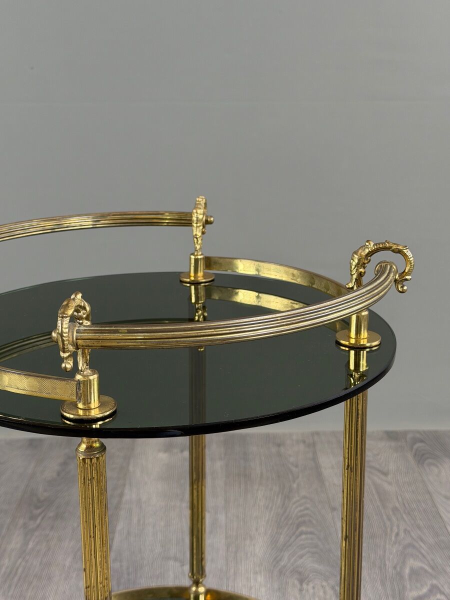 Rolling serving table in gold metal and smoked glass, 20th century