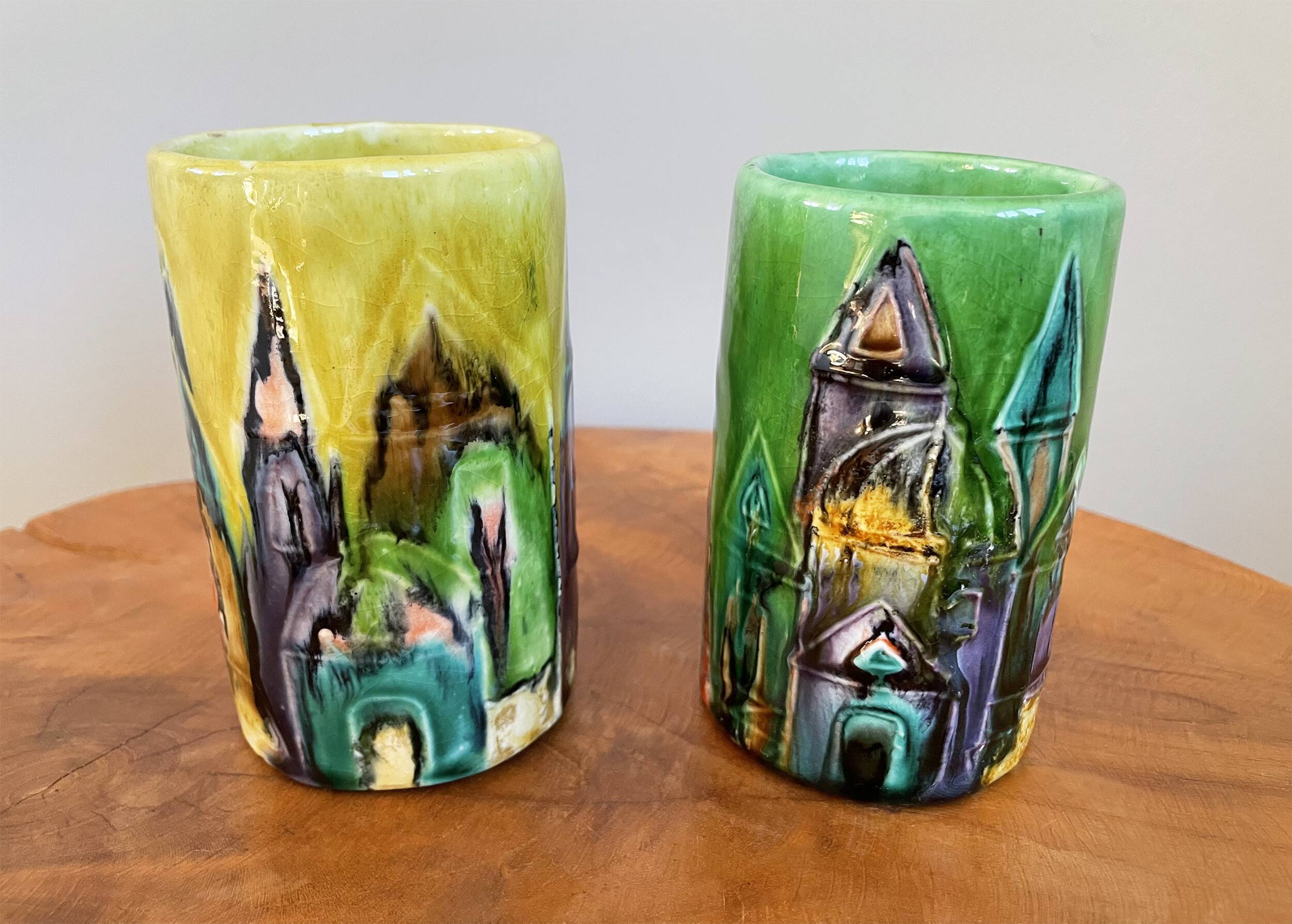 Paire de vases en céramique modernistes elio schiavon, paysage urbain sur les toits d’horizon, poterie italienne des années 1960