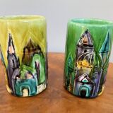 Pair of elio schiavon modernist ceramic vases, skyline rooftops cityscape, 1960s Italian pottery