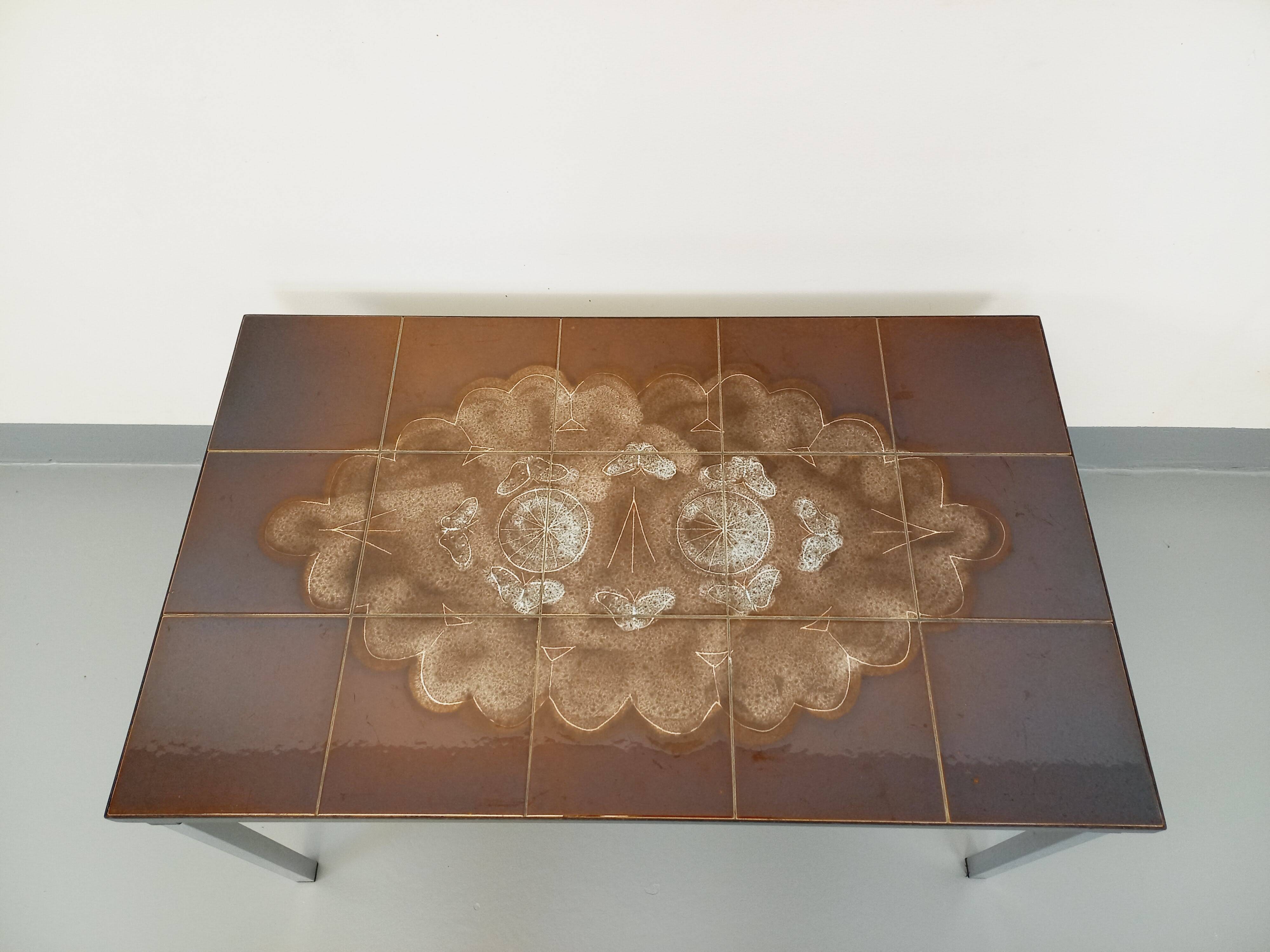 Vintage rectangular coffee table from the 60s 70s in ceramic, black metal and chrome metal