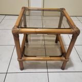 Table, side table in rattan and smoked glass from the 60s, vintage