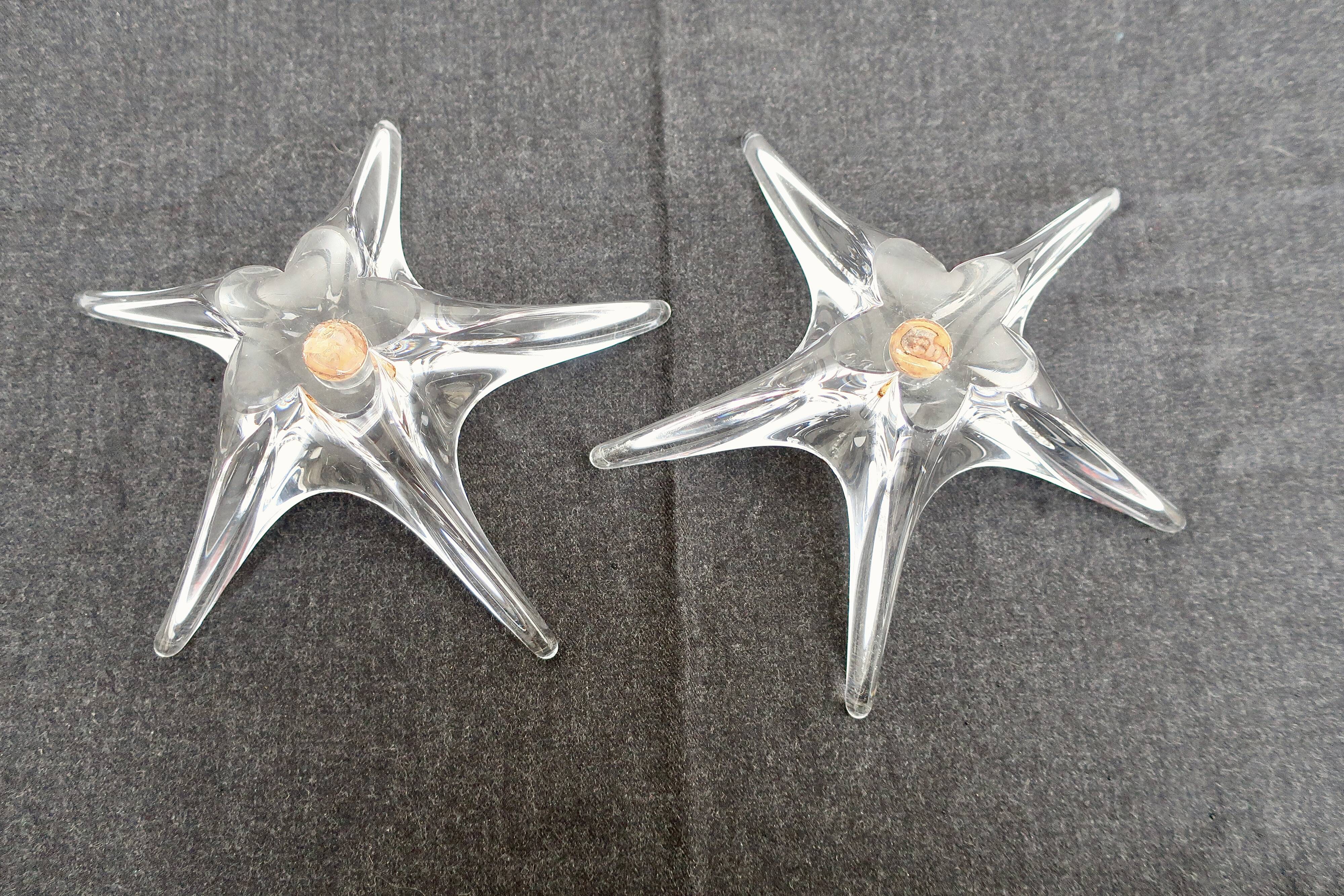 DAUM France pair of crystal candlesticks "Starfish" large model, 1960/1970