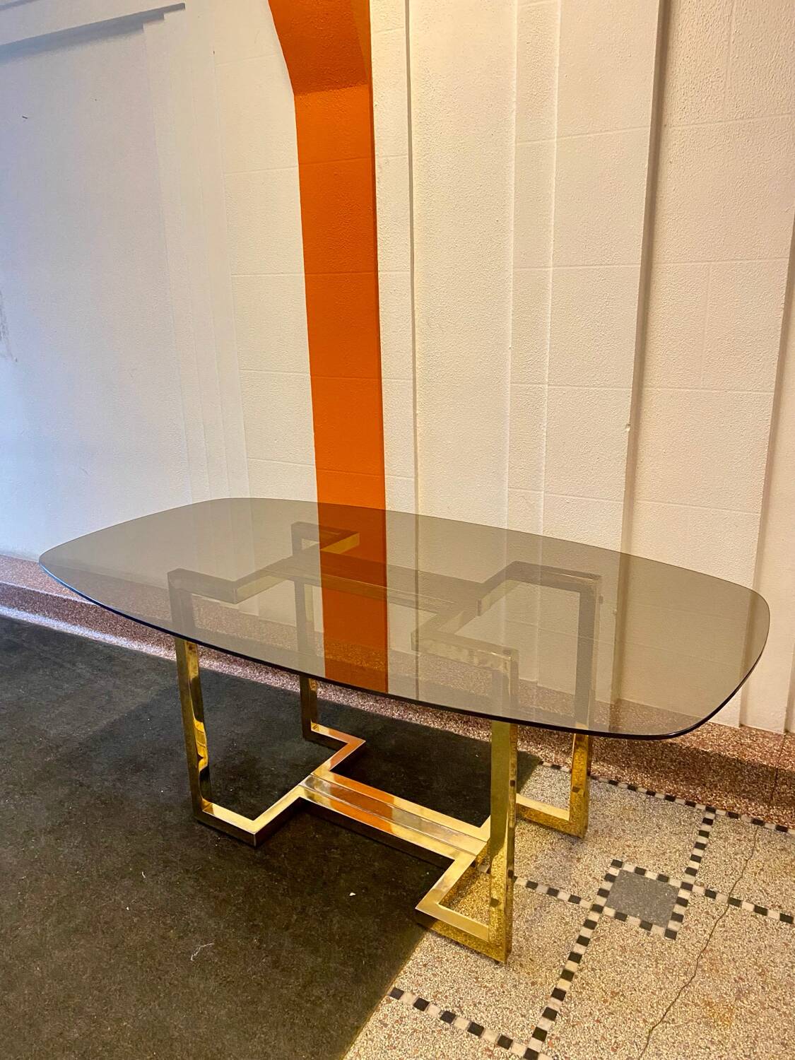 Belgo chrome dining table from the 70s with smoked glass