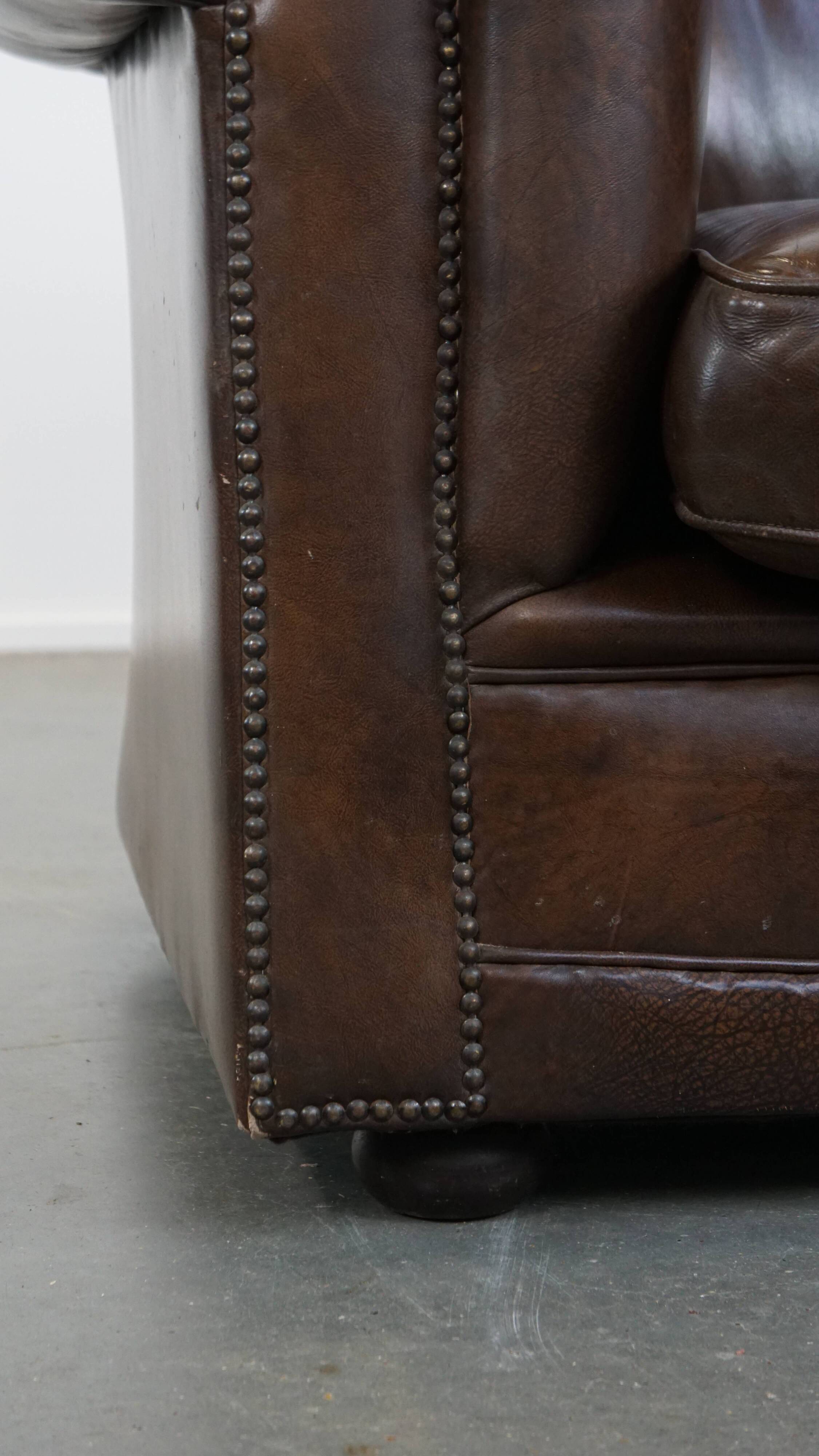 Large, Dark Cowhide Leather Chesterfield Armchair