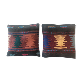Two Vintage Hand-Knotted Anatolian Kilim Cushions